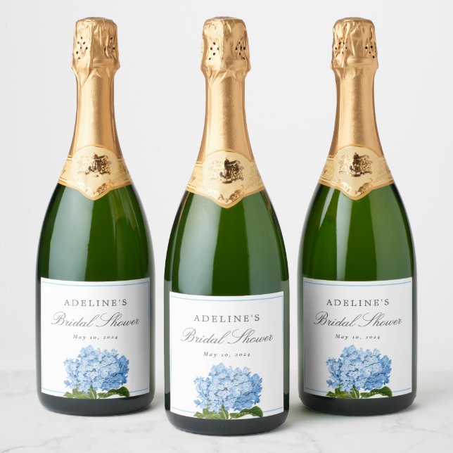 Blue Hydrangea Elegant Bridal Shower Sparkling Wine Label (Bottles)