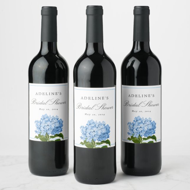 Blue Hydrangea Elegant Bridal Shower Wine Label (Bottles)