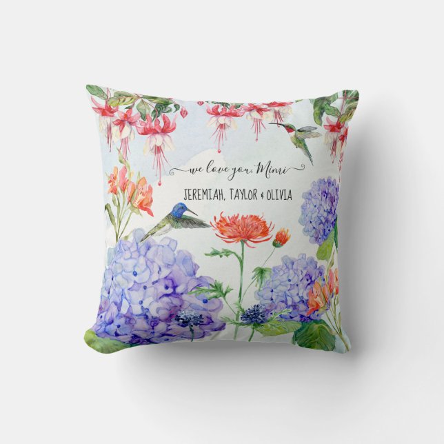 Blue Hydrangea Elegant Floral We Love you Mimi Throw Pillow (Front)