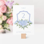 Blue Hydrangea Elegant Watercolor Wedding Crest  Table Number<br><div class="desc">This beautiful floral table number card features a watercolor blue crest with hydrangea flowers and your custom text on both sides of the card. Use the template to fill in your information. The "Customize further" feature can be used to change the font (size, style, color), add more lines of text...</div>