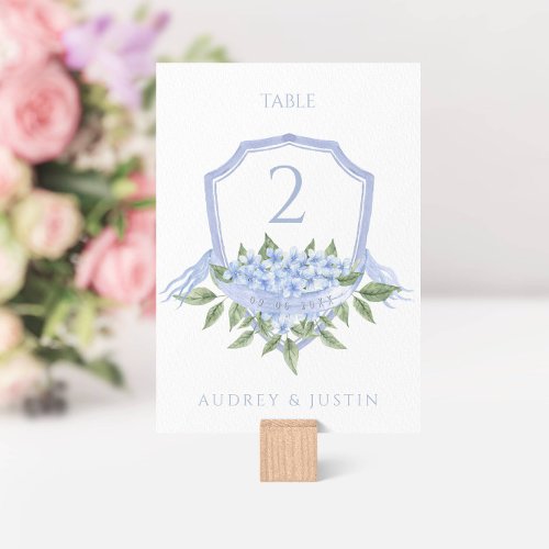 Blue Hydrangea Elegant Watercolor Wedding Crest  Table Number