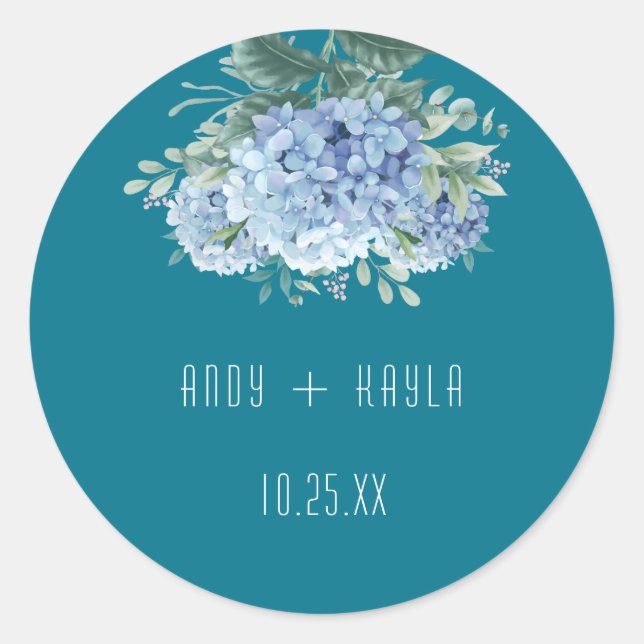 Blue Hydrangea Elegant Wedding Tank You Classic Round Sticker (Front)
