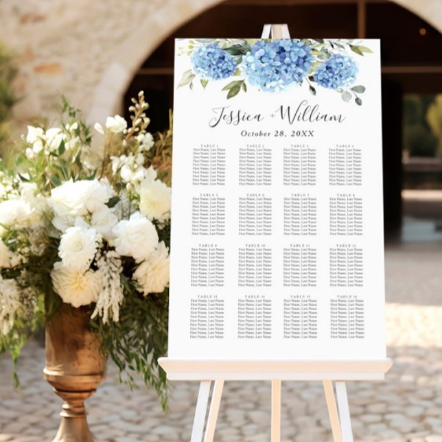 Blue Hydrangea Eucalyptus 16 Tables SEATING CHART Foam Board (Creator Uploaded)
