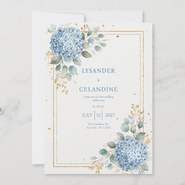 Blue Hydrangea Eucalyptus Gold Foil Elegant Invitation (Front)