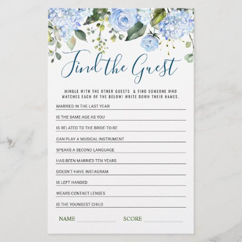 Blue Hydrangea Find the Guest Bridal Shower Game