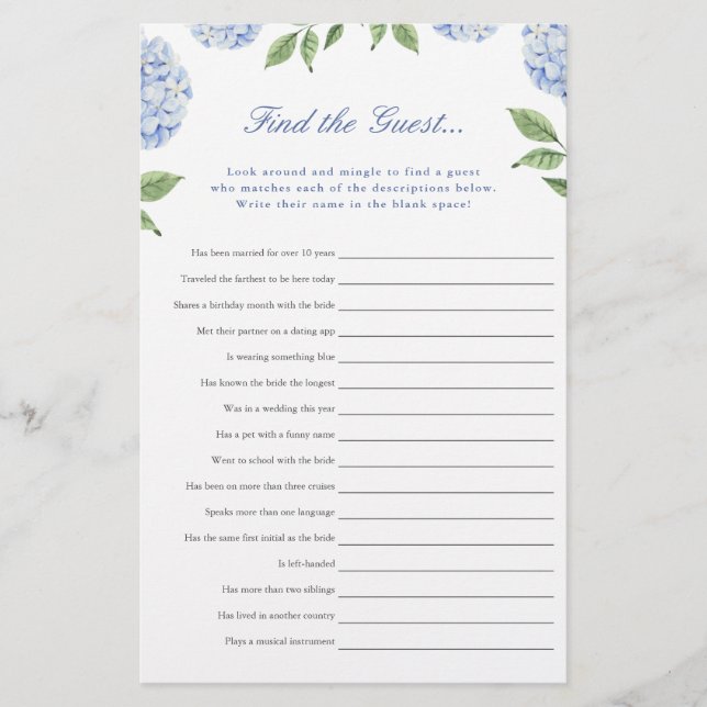 Blue Hydrangea  Find the Guest Game Paper Card (Front)