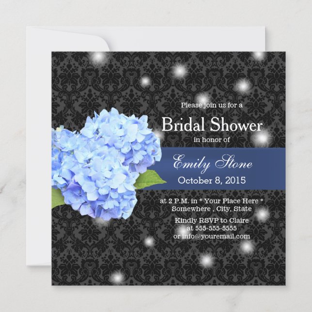 Blue Hydrangea & Fireflies Elegant Bridal Shower Invitation (Front)