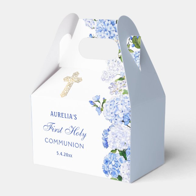 Blue Hydrangea First Communion Gable Favor Boxes (Front Side)