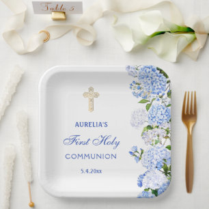 Blue Hydrangea First Communion Paper Plates
