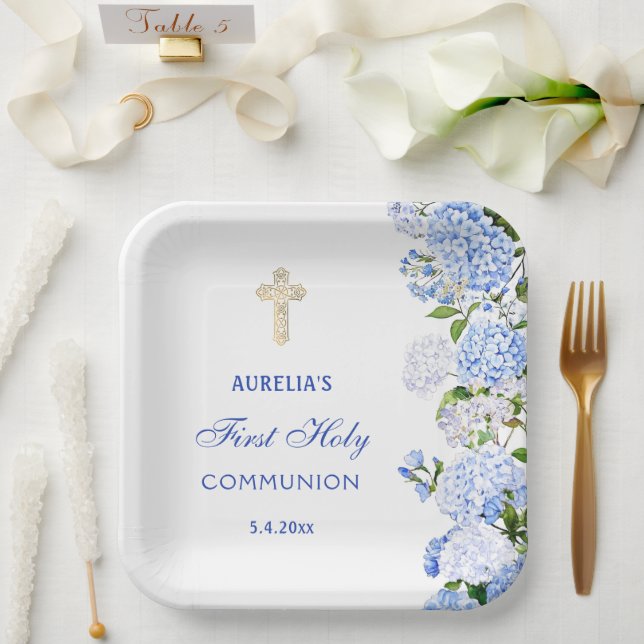 Blue Hydrangea First Communion Paper Plates (Wedding)