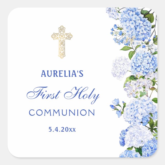Blue Hydrangea First Communion Square Sticker (Front)