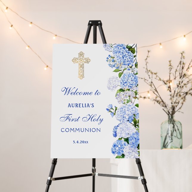 Blue Hydrangea First Communion Welcome Foam Board (In Situ (Stand))