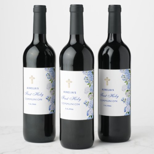 Blue Hydrangea First Communion Wine Label
