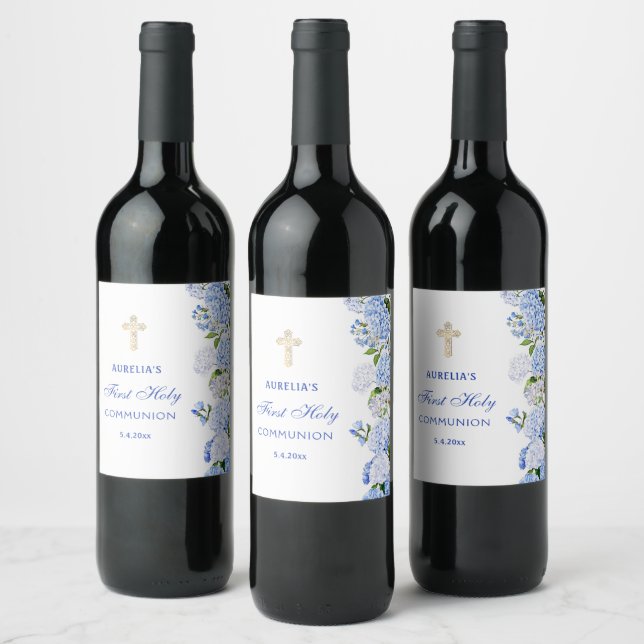 Blue Hydrangea First Communion Wine Label (Bottles)
