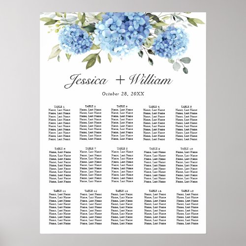 Blue Hydrangea Floral 15 Tables SEATING CHART