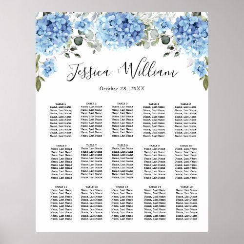 Blue Hydrangea Floral 15 Tables SEATING CHART