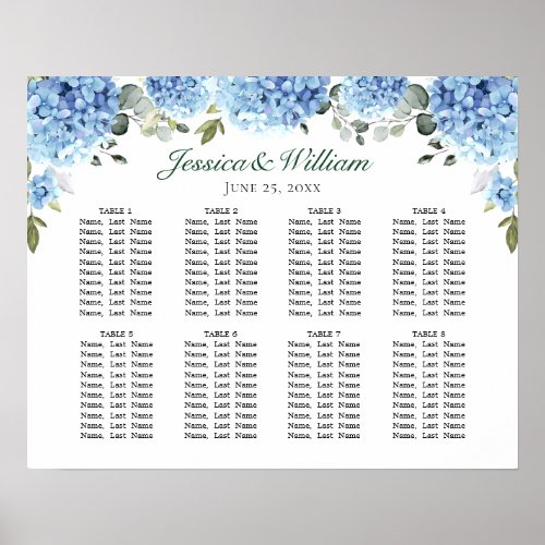 Blue Hydrangea Floral 8 Tables SEATING CHART