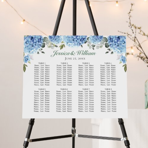 Blue Hydrangea Floral 8 Tables SEATING CHART Foam Board