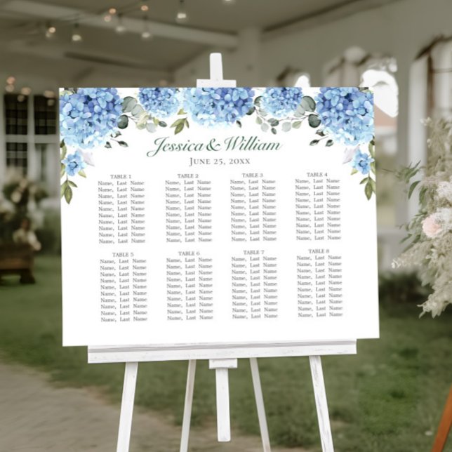 Blue Hydrangea Floral 8 Tables SEATING CHART Foam Board (Creator Uploaded)