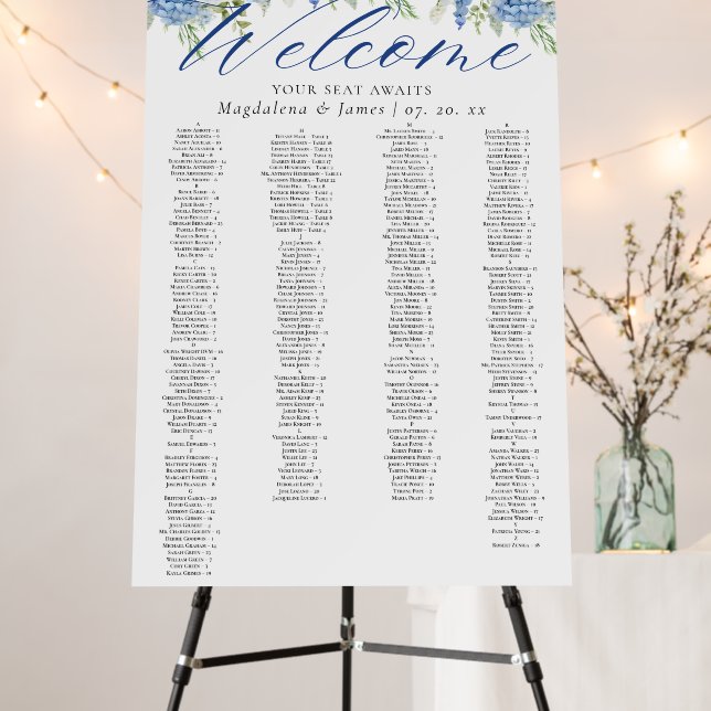 Blue Hydrangea Floral Alphabetical Seating Chart Foam Board (In Situ (Stand))