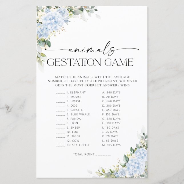 Blue Hydrangea Floral Animals Gestation Game (Front)