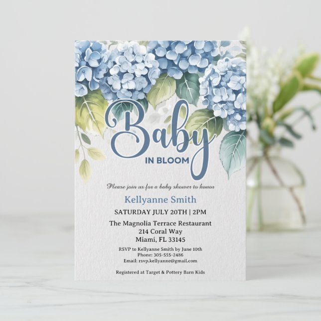 Blue Hydrangea Floral "Baby In Bloom" Shower Invitation (Standing Front)