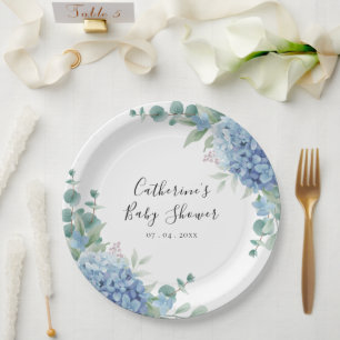 Blue Hydrangea Floral Baby Shower Paper Plates