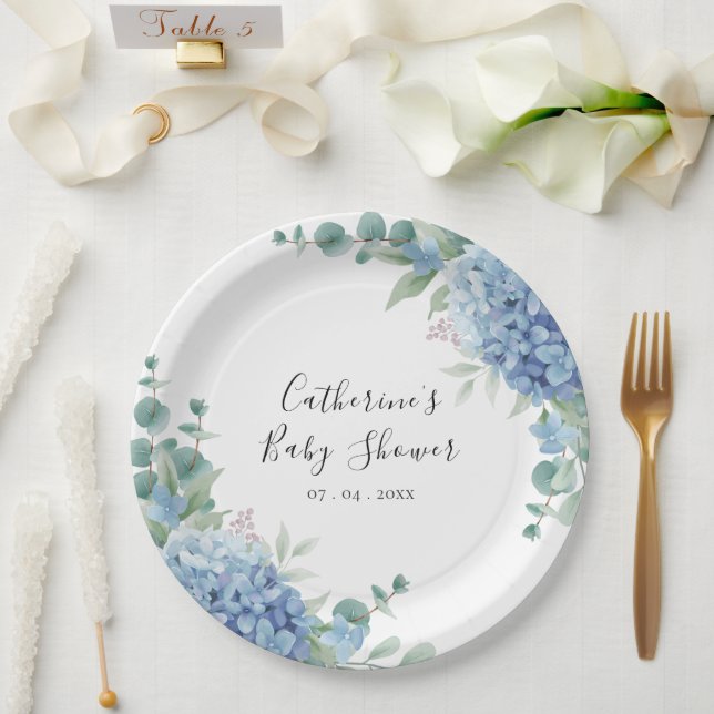 Blue Hydrangea Floral Baby Shower Paper Plates (Wedding)