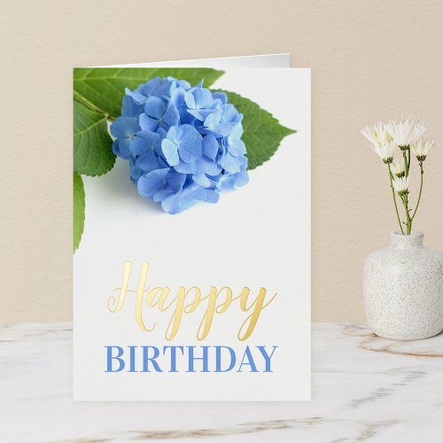 Blue Hydrangea Floral Birthday Gold Foil Greeting Card