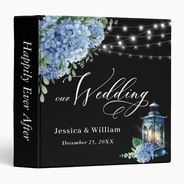 Blue Hydrangea Floral Black Boho Wood Wedding 3 Ring Binder (Front/Spine)