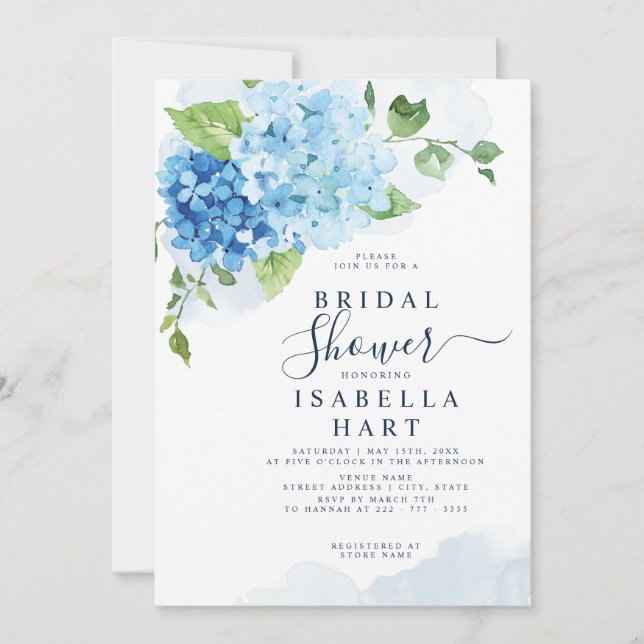 Blue Hydrangea Floral Boho Botanical Bridal Shower Invitation (Front)