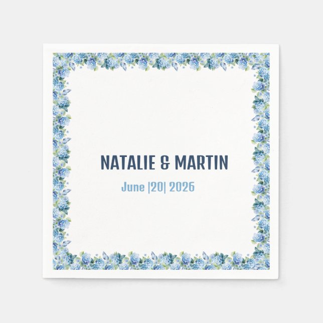 Blue Hydrangea Floral Border Wedding Personalized Napkins (Front)