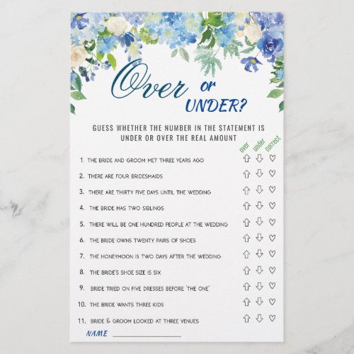 Blue Hydrangea  Floral Bridal Shower Game