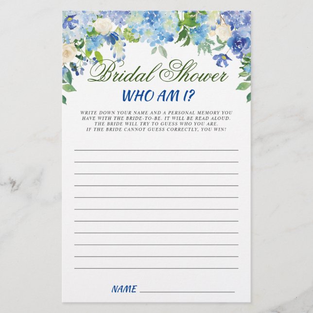 Blue Hydrangea Floral Bridal Shower Game (Front)