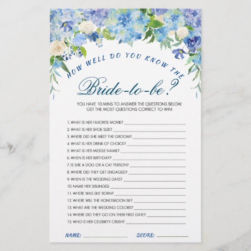 Blue Hydrangea Floral Bridal Shower Game