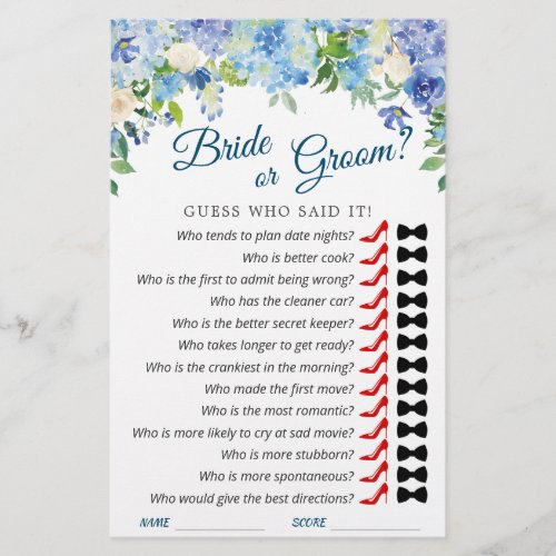 Blue Hydrangea Floral Bridal Shower Game