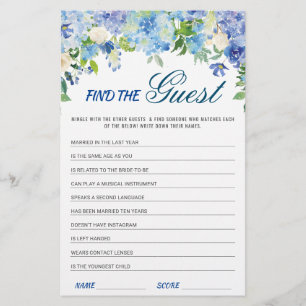 Blue Hydrangea  Floral Bridal Shower Game