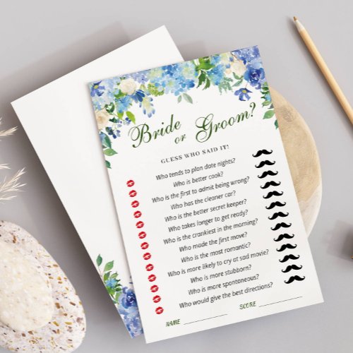 Blue Hydrangea Floral Bridal Shower Game Card