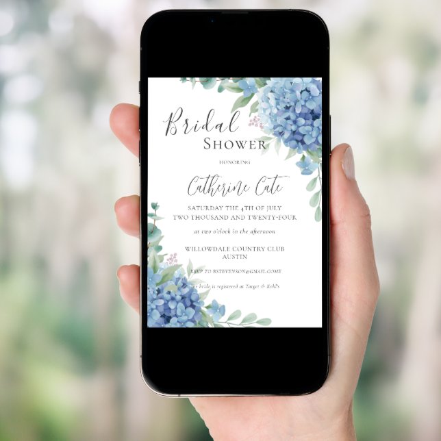 Blue Hydrangea Floral Bridal Shower Invitation (Front Digital)
