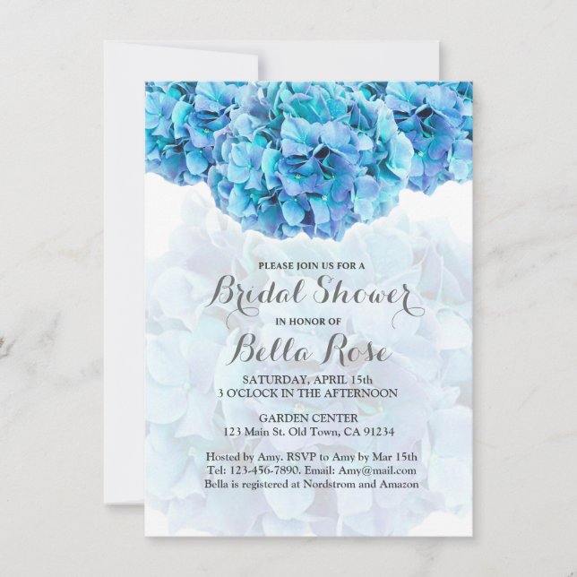 Blue hydrangea floral bridal shower invitations (Front)