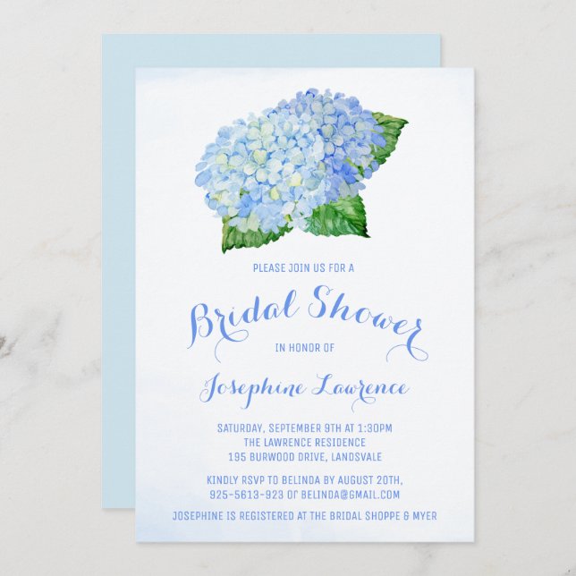 Blue Hydrangea Floral Bridal Shower Invitations (Front/Back)