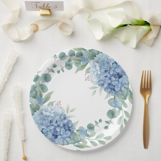 Blue Hydrangea Floral Bridal Shower Paper Plates (Wedding)