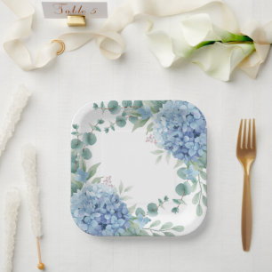 Blue Hydrangea Floral Bridal Shower Paper Plates