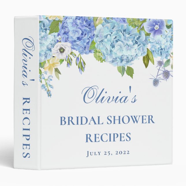 Blue Hydrangea Floral Bridal Shower Recipe Binder (Front/Spine)