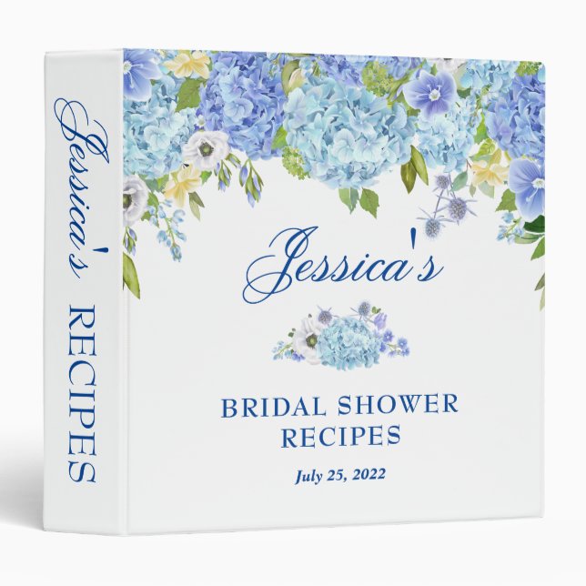 Blue Hydrangea Floral Bridal Shower Recipe Binder (Front/Spine)