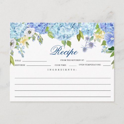 Blue Hydrangea  Floral Bridal Shower Recipe Card