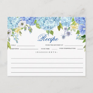 Blue Hydrangea Floral Bridal Shower Recipe Card