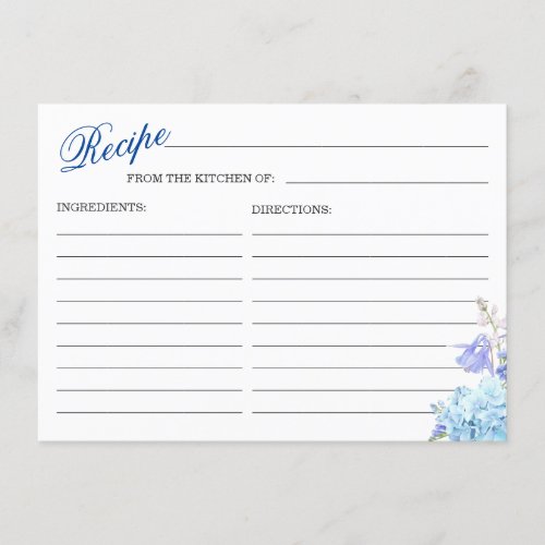 Blue Hydrangea  Floral Bridal Shower Recipe Card