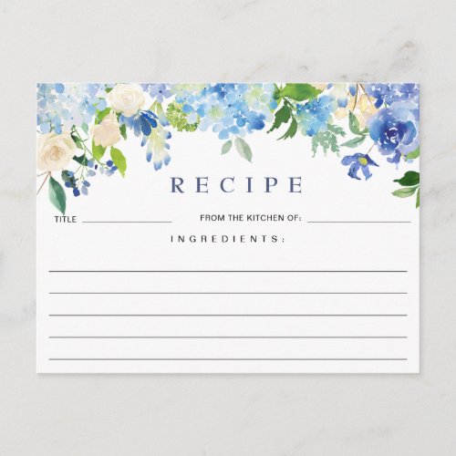 Blue Hydrangea Floral Bridal Shower Recipe Card