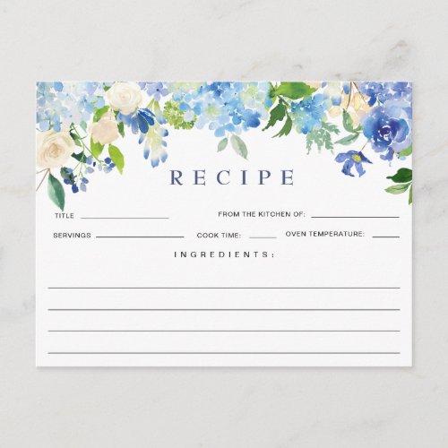 Blue Hydrangea Floral Bridal Shower Recipe Card